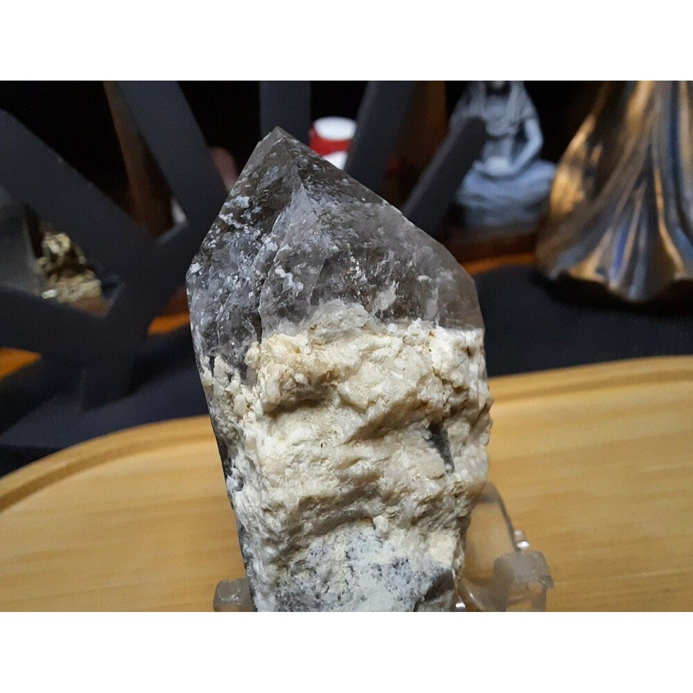 Albite on Smokey Quartz Crystal Point  -
